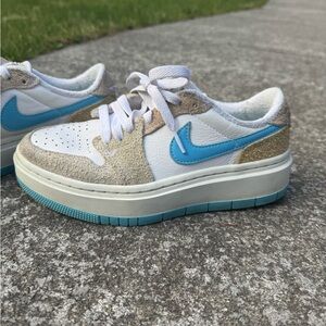 White and Blue Sneakers with Tan Accents